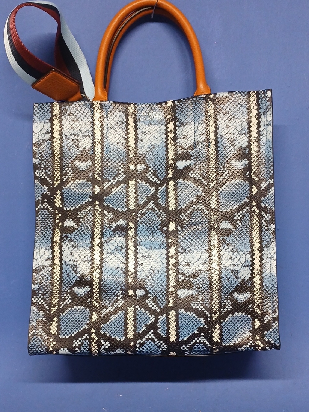 Vince Camuto Genuine Leather Snake-Print Tote Blue/Black Tan Handles & Accents